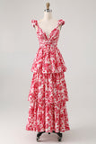 Blue V-Neck Floral Tiered Long Bridesmaid Dress with Ruffles