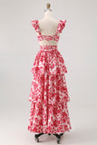Blue V-Neck Floral Tiered Long Bridesmaid Dress with Ruffles