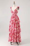 Blue V-Neck Floral Tiered Long Bridesmaid Dress with Ruffles