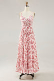 Chiffon A Line Blush Floral Pleated Maxi Wedding Guest Dress with Bow