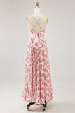Chiffon A Line Blush Floral Pleated Maxi Wedding Guest Dress with Bow