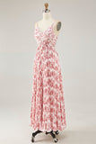 Chiffon A Line Blush Floral Pleated Maxi Wedding Guest Dress with Bow