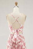 Chiffon A Line Blush Floral Pleated Maxi Wedding Guest Dress with Bow