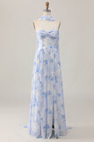 Blue Floral Corset Neck Scarf Maxi A Line Wedding Guest Dress with Slit