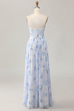 Blue Floral Corset Neck Scarf Maxi A Line Wedding Guest Dress with Slit