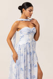 Blue Corset Floral Neck Scarf Maxi Wedding Guest Dress with Slit