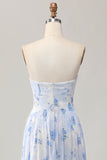 Blue Floral Corset Neck Scarf Maxi A Line Wedding Guest Dress with Slit