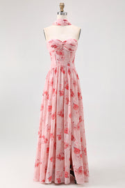 Dusty Rose Corset Neck Scarf Maxi A Line Floral Wedding Guest Dress with Slit