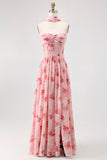 Dusty Rose Corset Neck Scarf Maxi A Line Floral Wedding Guest Dress with Slit