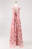 Blue Corset Floral Neck Scarf Maxi Wedding Guest Dress with Slit