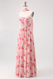 Blue Corset Floral Neck Scarf Maxi Wedding Guest Dress with Slit