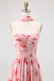 Dusty Rose Corset Neck Scarf Maxi A Line Floral Wedding Guest Dress with Slit
