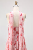 Blue Corset Floral Neck Scarf Maxi Wedding Guest Dress with Slit