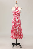 Red Floral Halter Mermaid Midi Wedding Guest Dress with Bow