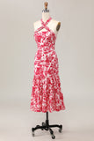 Red Floral Halter Mermaid Midi Wedding Guest Dress with Bow