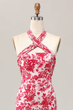 Red Floral Halter Mermaid Midi Wedding Guest Dress with Bow