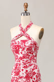 Red Floral Halter Mermaid Midi Wedding Guest Dress with Bow