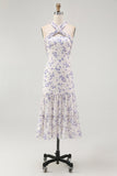 Blue Floral Halter Midi Bridesmaid Dress with Bow