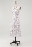 Blue Floral Halter Midi Bridesmaid Dress with Bow