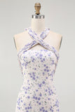 Blue Floral Halter Midi Bridesmaid Dress with Bow