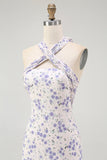 Blue Floral Halter Midi Bridesmaid Dress with Bow