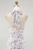 Blue Floral Halter Midi Bridesmaid Dress with Bow