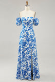 Blue Floral Maxi A Line Off the Shoulder Wedding Guest Dress with Slit