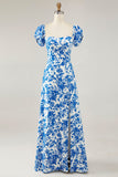 Blue Floral Maxi A Line Off the Shoulder Wedding Guest Dress with Slit