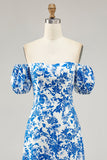 Blue Floral Maxi A Line Off the Shoulder Wedding Guest Dress with Slit