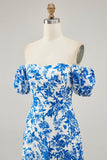 Blue Floral Maxi A Line Off the Shoulder Wedding Guest Dress with Slit