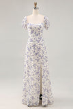 Blue Floral Chiffon Square Neck Maxi Wedding Guest Dress with Slit