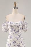 Blue Floral Chiffon Square Neck Maxi Wedding Guest Dress with Slit