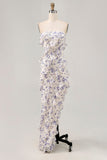 Blue Floral Strapless Ruffled Asymmetrical Sheath Wedding Guest Dress with Slit