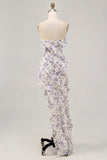 Blue Floral Strapless Ruffled Asymmetrical Sheath Wedding Guest Dress with Slit