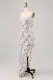 Blue Floral Strapless Ruffled Asymmetrical Sheath Wedding Guest Dress with Slit