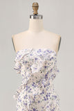 Blue Floral Strapless Ruffled Asymmetrical Sheath Wedding Guest Dress with Slit