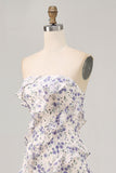Blue Floral Strapless Ruffled Asymmetrical Sheath Wedding Guest Dress with Slit