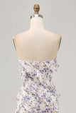 Blue Floral Strapless Ruffled Asymmetrical Sheath Wedding Guest Dress with Slit