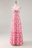 Pink Floral Chiffon Ruched Keyhole Maxi Wedding Guest Dress