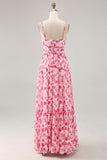 Pink Floral Chiffon Ruched Keyhole Maxi Wedding Guest Dress