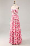 Pink Floral Chiffon Ruched Keyhole Maxi Wedding Guest Dress