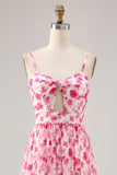 Pink Floral Chiffon Ruched Keyhole Maxi Wedding Guest Dress