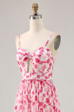 Pink Floral Chiffon Ruched Keyhole Maxi Wedding Guest Dress