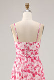 Pink Floral Chiffon Ruched Keyhole Maxi Wedding Guest Dress