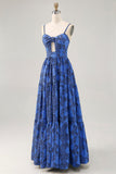 Blue Floral A Line Jacquard Keyhole Maxi Wedding Guest Dress