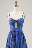 Blue Floral A Line Jacquard Keyhole Maxi Wedding Guest Dress