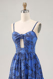 Blue Floral A Line Jacquard Keyhole Maxi Wedding Guest Dress