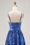 Blue Floral A Line Jacquard Keyhole Maxi Wedding Guest Dress