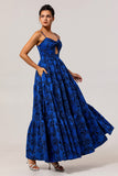 Blue Floral Jacquard Long Wedding Guest Dress with Keyhole