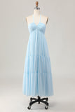 Sky Blue Halter Ruched Chiffon Maxi Summer Wedding Guest Dress with Bow